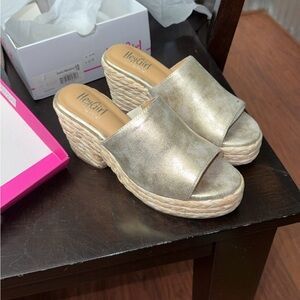 Hey Girl by Corky’s gold open toe wedges